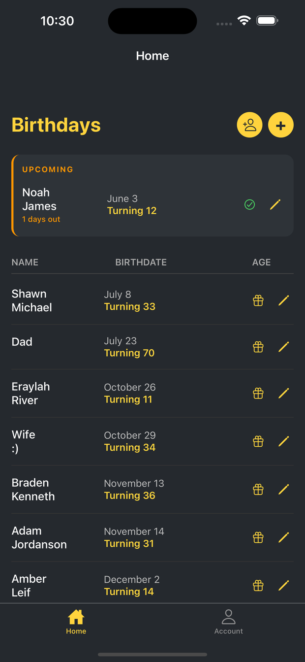 Toast birthdays home screen